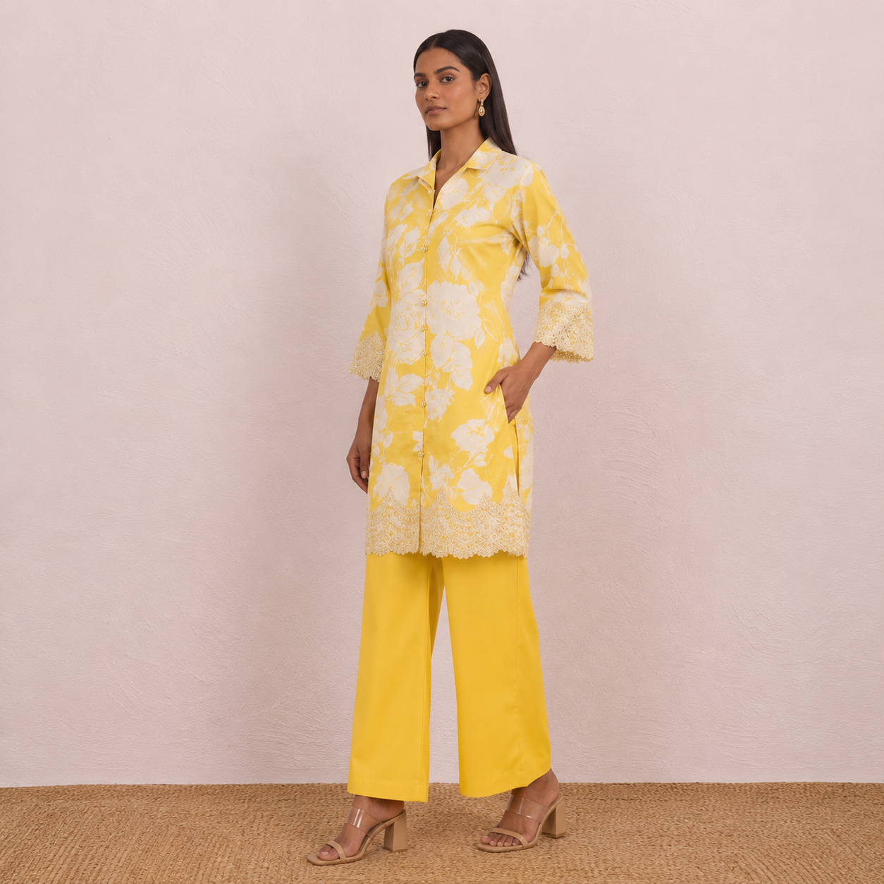 Sunshine Yellow Floral Kurti & Pant Co-Ord Set